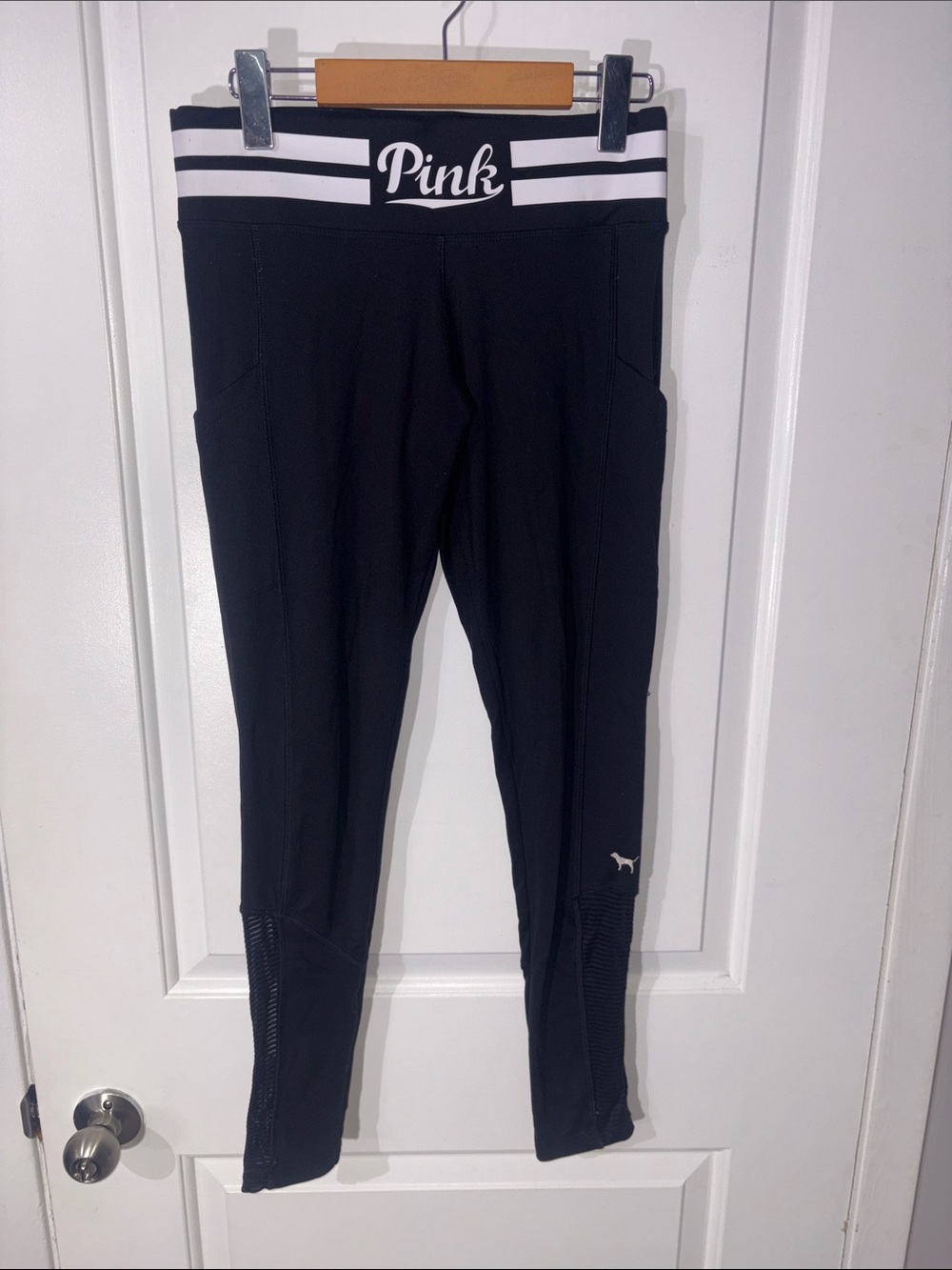 PINK Victoria's Secret Black Leggings with White Logo Waistband